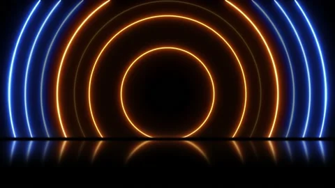 Video seamless looping. Orange and blue neon laser circles with reflection. Art Stock Footage 231340934