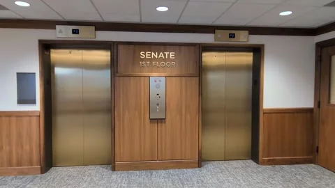 Video of a Senate-level elevator lobby featuring gold doors Video stock 335733921