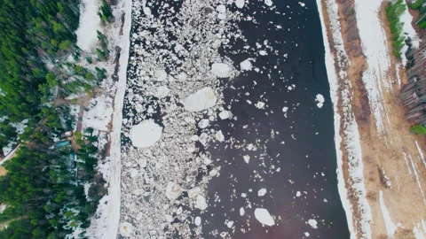 Video shooting on a drone. An ice drift on the river from a bird's-eye view. Stock Footage 196781909