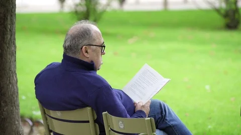 Video shot of man reading a book in central Paris park Stock Footage 84683835