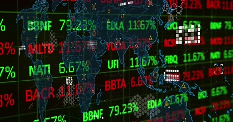 Video showcases global stock data processing in red and green. Stock Footage 329296019