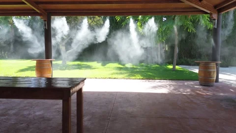 The video showcases a serene patio with rustic tables and barrels Stock Footage 317225779