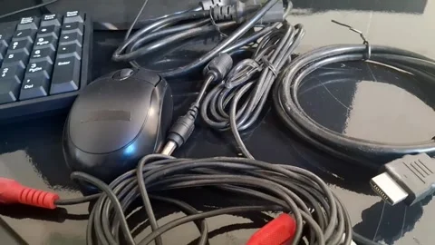A video showcasing a cluttered desk with computer cables and peripherals Stock Footage 340169375