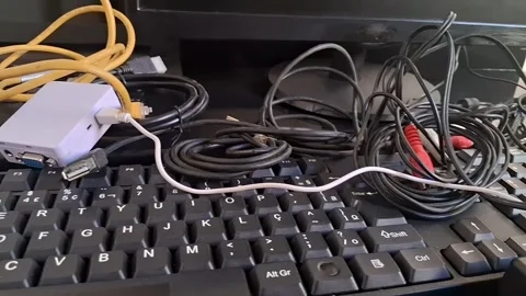 A video showcasing a cluttered workspace with various cables and a keyboard Stock-Footage 340169378