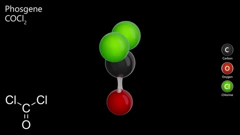The video shows the 3d model of the phosgene molecule (CCl2O). Stock Footage 284721974