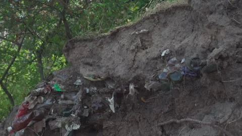 The video shows a collapsed soil layer on a lakeshore, exposing years of buried Stock Footage 319018851