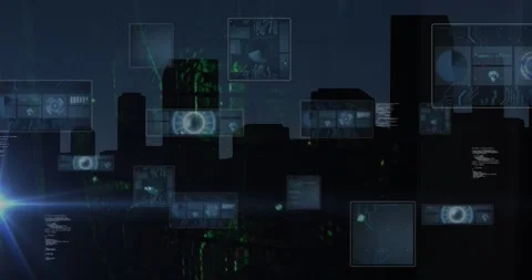 This video shows data processing on computer screens in a cityscape Stock Footage 329232593