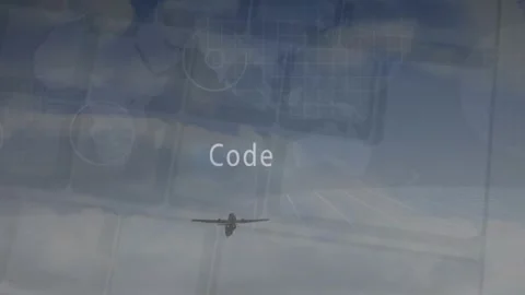 The video shows data processing happening over a plane, globe and sky Video stock 330591004