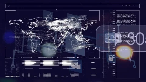This video shows a digital dashboard with data analysis and a earth map on a Stock Footage 330732110