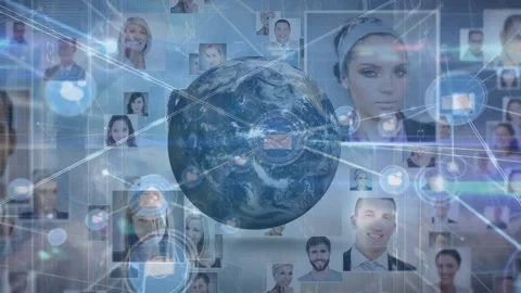 Video shows digital globe linking global profiles, highlighting worldwide Stock Footage 328642009