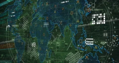 Video shows global data processing and networking on a world map. Video stock 330296902