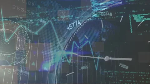 This video shows a graph, financial data and a moving clock animating Stock Footage 330735589