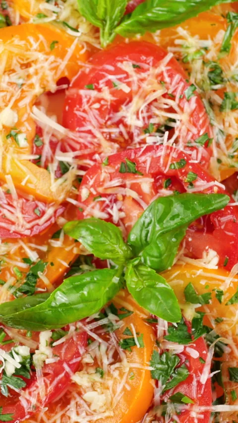 This video shows sliced red and yellow tomatoes on a rotating plate. 動画素材 342281394