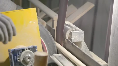 The video shows a woodworking process, where a spinning machine smooths wooden Stock Footage 303590883