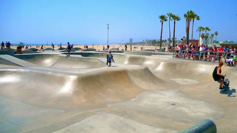 Video of Skaters practicing at the skate park at Venice Beach Stock Footage 145805819