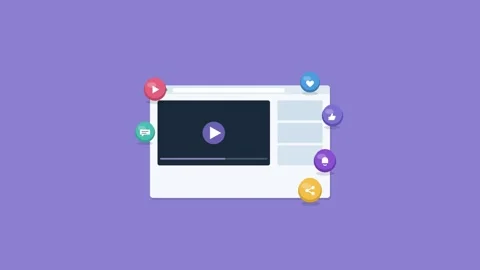 Video streaming platform in browser with player and 3D icons, violet Video stock 342598086