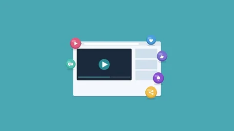 Video streaming platform in browser with player and 3D icons, teal Vídeos de archivo 342598092