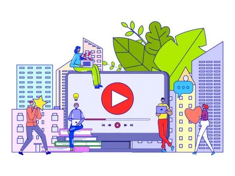 Video streaming service concept, tiny people cartoon characters, vector Ilustración de archivo