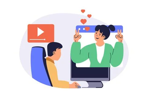 Video streaming web concept with flat cartoon people for website design. Ma.. Stock Illustration