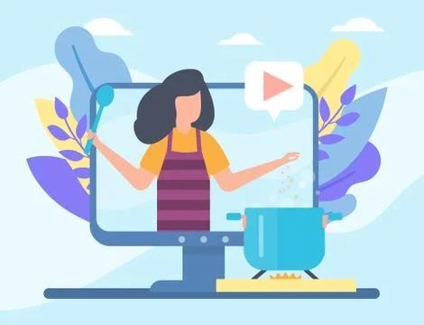 Video streamming online cook training vector illustration of girl teaching Stock Illustration