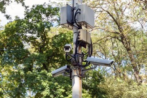 Video surveillance system with multiple cameras in the park 스톡 사진