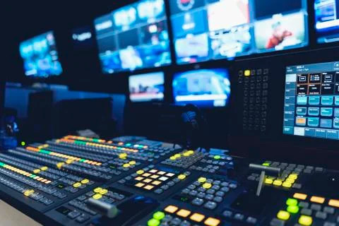 Video switch of Television Broadcast, working with video and audio mixer, con Stock Photos