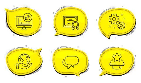 Like video, Talk bubble and Winner podium icons set. Work sign. Thumbs up, Chat Illustration