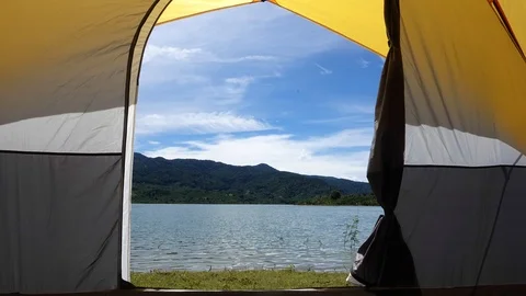 Video timelapse or time lapse outlook view from the inside of camping tent Stock Footage 95582676