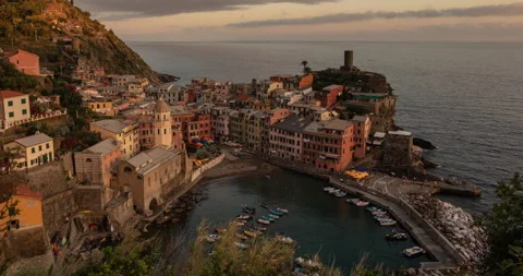 Video timelapse of Vernazza seen from above at sunset time Stock Footage