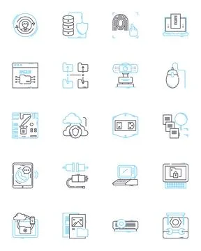 Video tools linear icons set. Edit, Record, Stream, Encode, Cut, Merge, Crop Stock Illustration