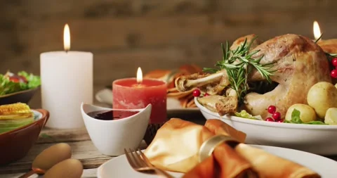 Video of tray with roasted turkey and diverse dishes on wooden surface 스톡 동영상 331245801