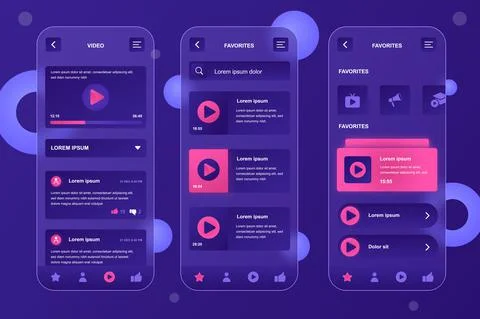 Video tube neumorphic elements kit for mobile app. Video playlist, multimedia Stock Illustration