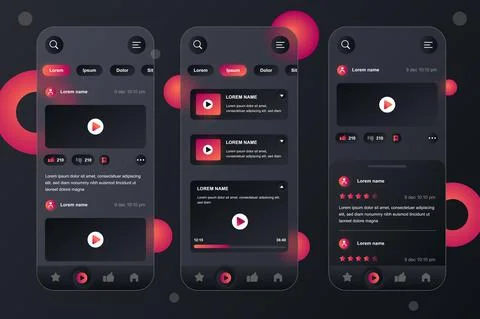 Video tube neumorphic elements kit for mobile app. Video player, live streaming Stock Illustration