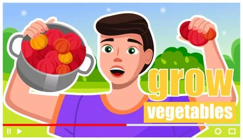 Video tutorial, agronomist grow vegetables, blogger farmer in video player Illustrazione stock