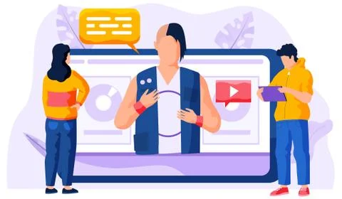 Video tutorial concept. Businessman is pressing play button. The girl is 스톡 일러스트