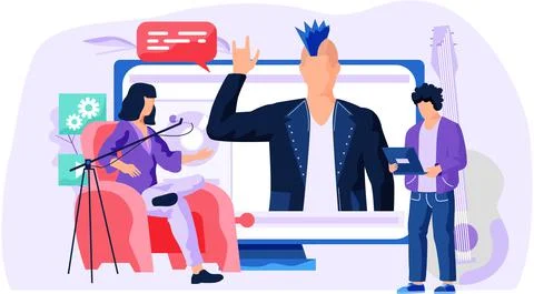 Video tutorial concept. Businessman is pressing play button. Girl sits next to 스톡 일러스트