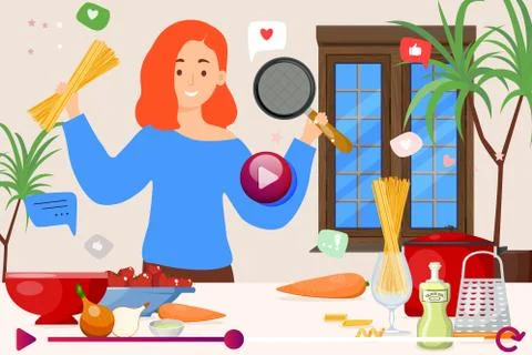 Video tutorial for cooking pasta, vector illustration. Girl character make dish 스톡 일러스트