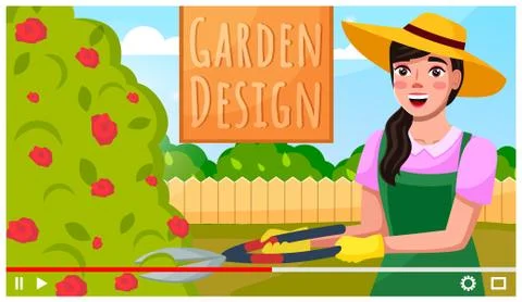 Video tutorial - garden design, interface of video player, gardener woman Stock Illustration