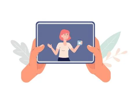 Video tutorial with girl doing a review of the products a vector flat Stock Illustration