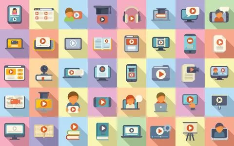 Video tutorial icons set flat vector. Online stream 스톡 일러스트