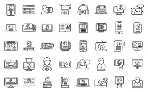 Video tutorial icons set outline vector. Online stream 스톡 일러스트