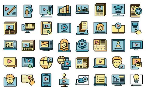 Video tutorial icons set vector flat Stock Illustration