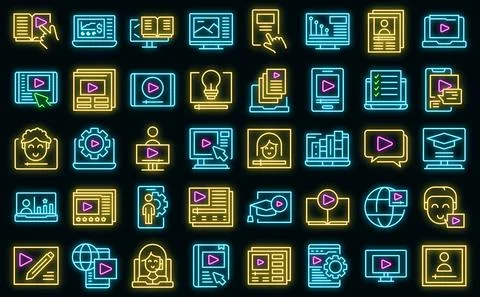 Video tutorial icons set vector neon Stock Illustration