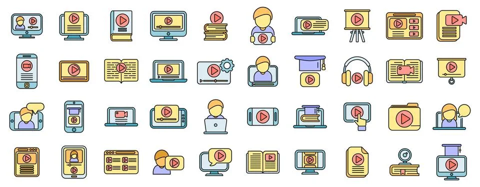 Video tutorial icons set vector color line Illustrazione stock