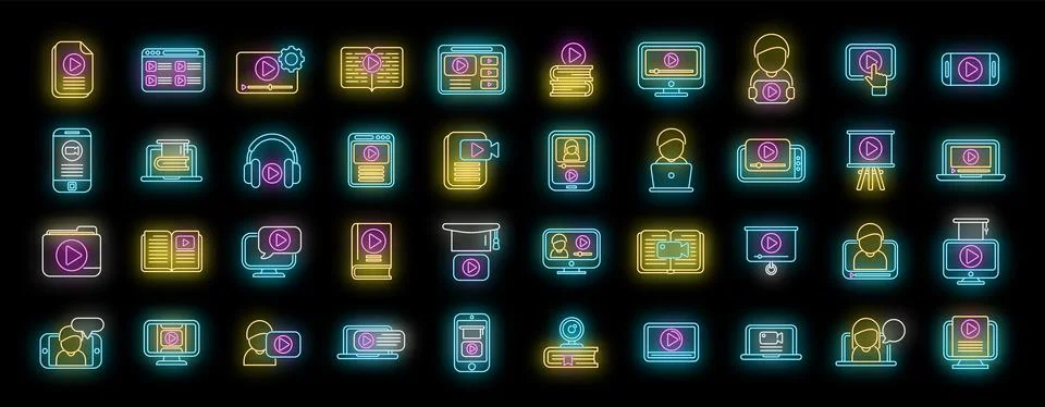 Video tutorial icons set vector neon Stock Illustration