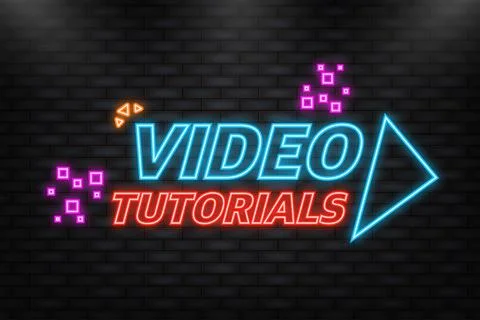 Video tutorial neon icon on blue background. Video tutorial banner. Stock Illustration