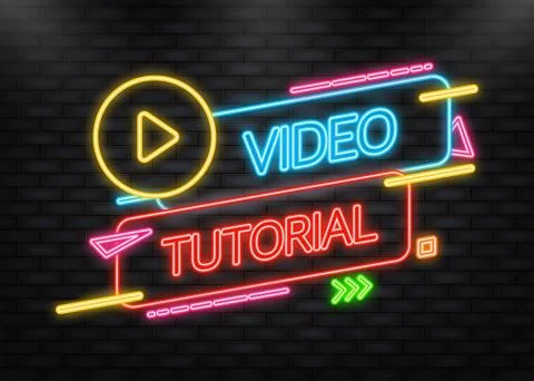 Video tutorial neon icon on blue background. Video tutorial banner. Stock Illustration
