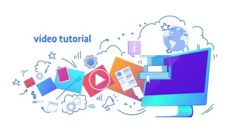Video tutorial online education business concept template web horizontal banner Illustrazione stock
