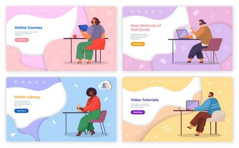 Video tutorial online education, library, distance training, e-learning landing Stock Illustration