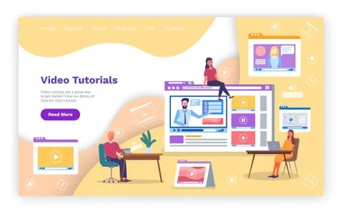 Video tutorial online education, training, e-learning concept. Web site teacher 스톡 일러스트